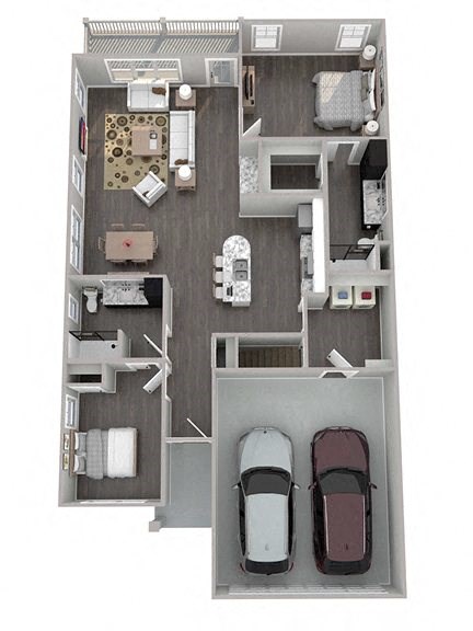 3-D floor plan for 2-bedroom, 2-bathroom ranch townhome with 2-car attached garage